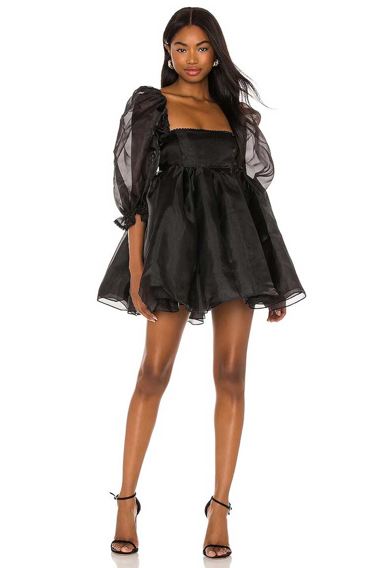Organza Puff-Sleeve Mini Black Dress