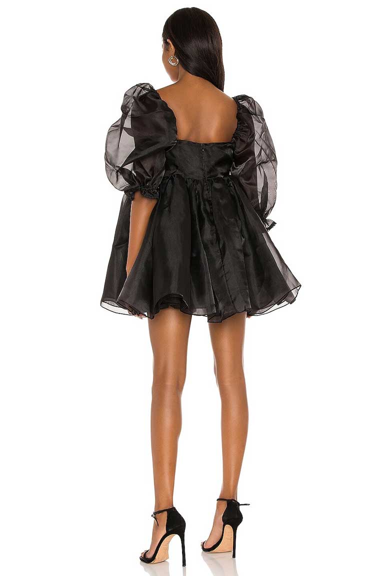 Organza Puff-Sleeve Mini Black Dress - Image 2