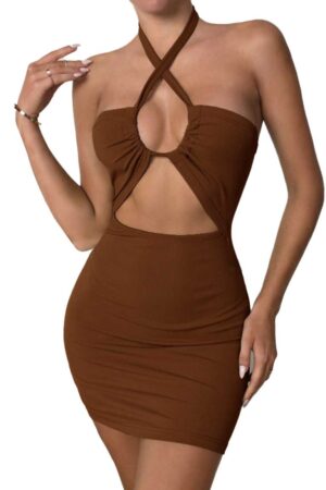 Halter Neck Cut-Out Bodycon Mini Dress - Brown, S