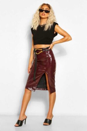 Vinyl Midi Skirt with Side Slit - XS, Brown