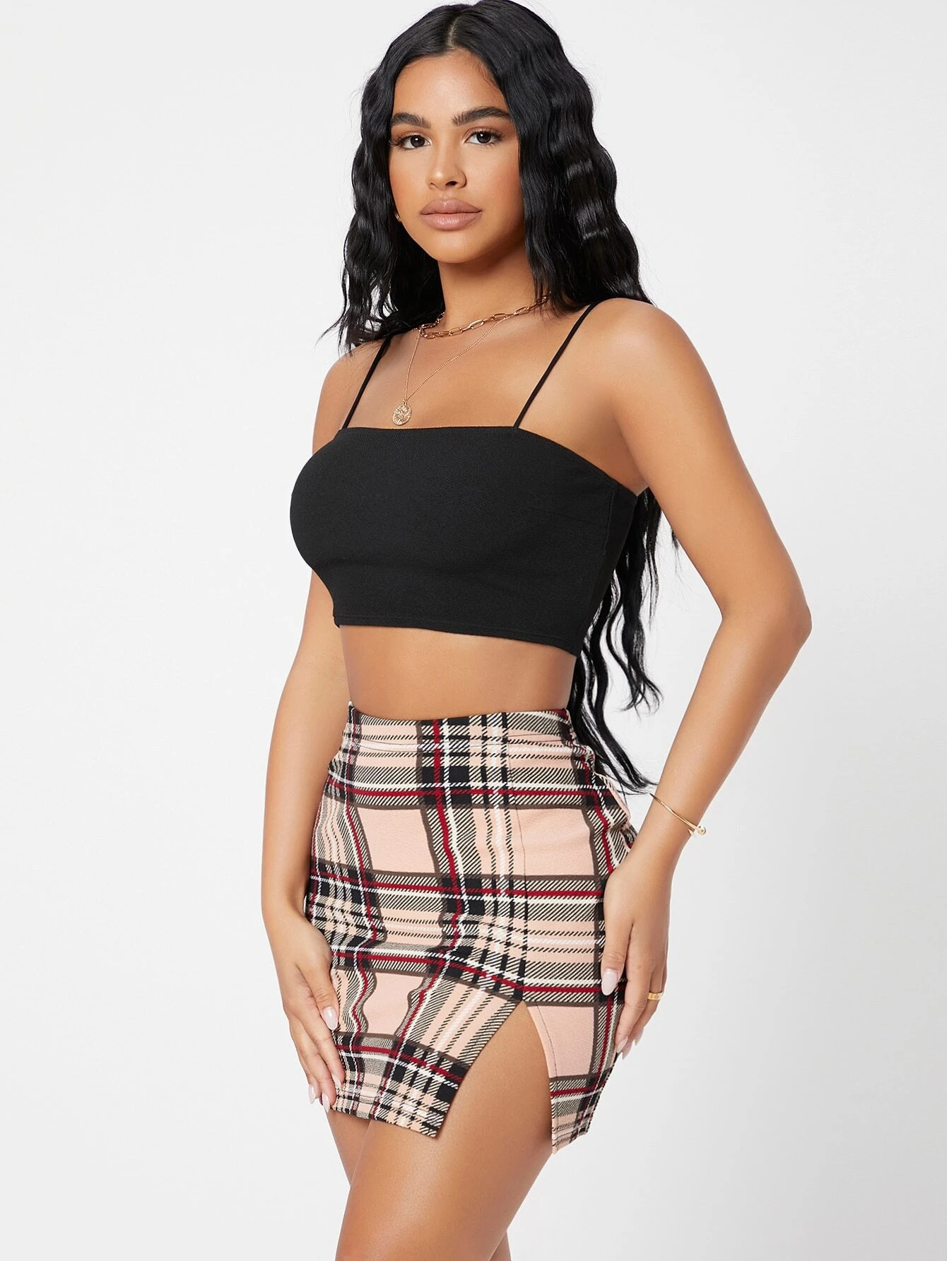 Modern Muse Black Crop Top & Plaid Mini Skirt Co-Ord Set - Image 3